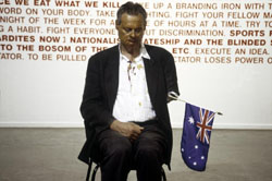 No pain: Video still of Mike Parr's Aussie, Aussie, Aussie, Oi, Oi, Oi