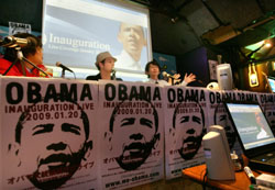 Panelists speak before some 100 people gathered at 'Katteni Obama Night,' or
'Our Way to Celebrate Obama Night,'
