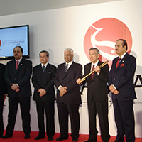 Officials celebrate the opening of the Maskar multifunctional fish freezing and storage facility in Onagawa, Miyagi Prefecture, in October 2012. | QATAR FRIENDSHIP FUND
