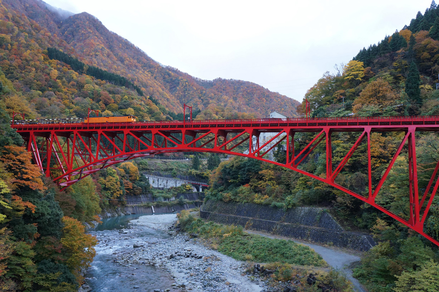 Train on the bridge in autumn, Kurobe, Toyama Pref.