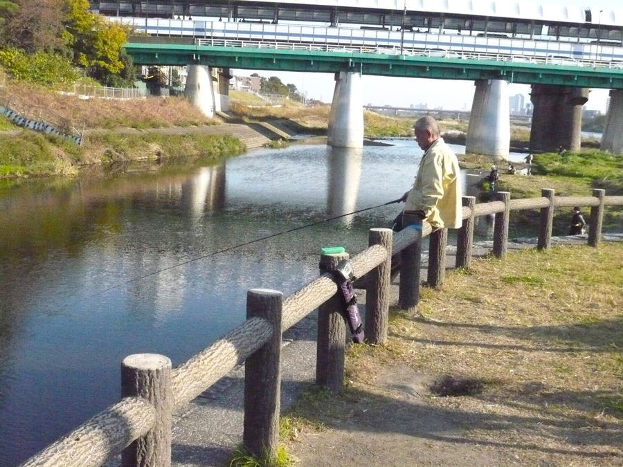 Enjoying Sunday fishing at Hyogojima Park, Futako-Tamagawa, Tokyo