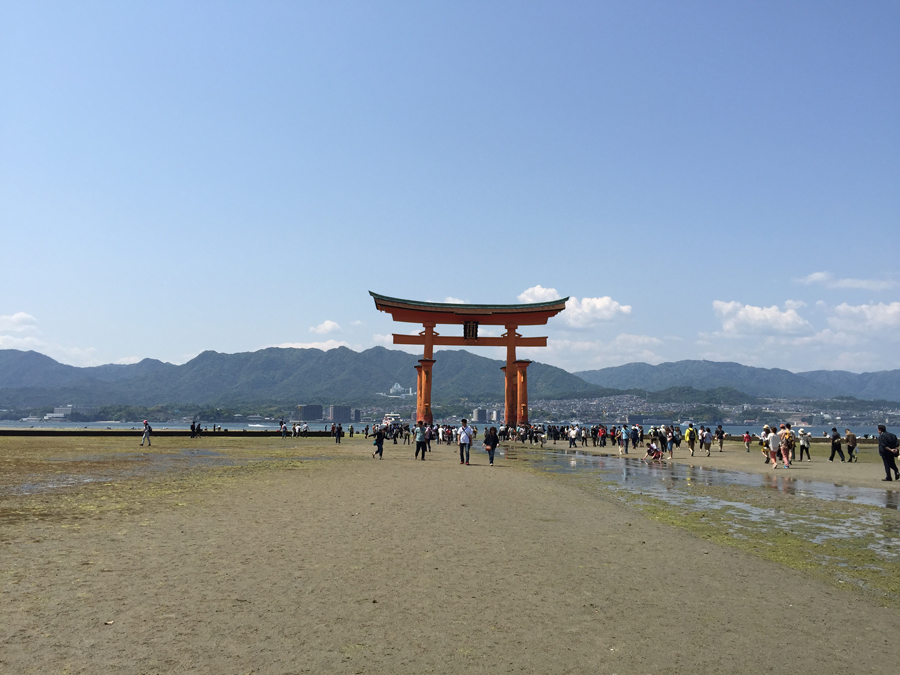 Torii gate of Itsukushima Shrine at low tide, Miyajima, Hiroshima Pref.