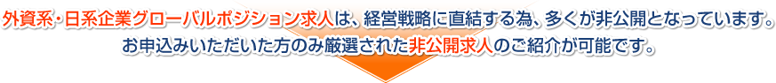 外資系・日系企業グローバルポジション求人は、経営戦略に直結する為、多くが非公開となっています。お申込みいただいた方のみ厳選された非公開求人のご紹介が可能です。