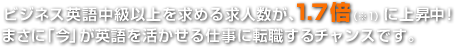 ビジネス英語中級以上を求める求人数が、1.7倍（※1）に上昇中！まさに「今」が英語を活かせる仕事に転職するチャンスです。