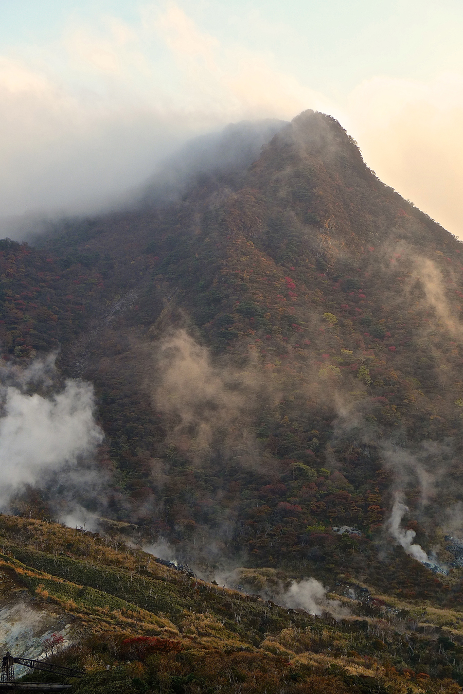 Gas rises from active sulphur vents in Owakudani, Hakone, Kanagawa Pref.