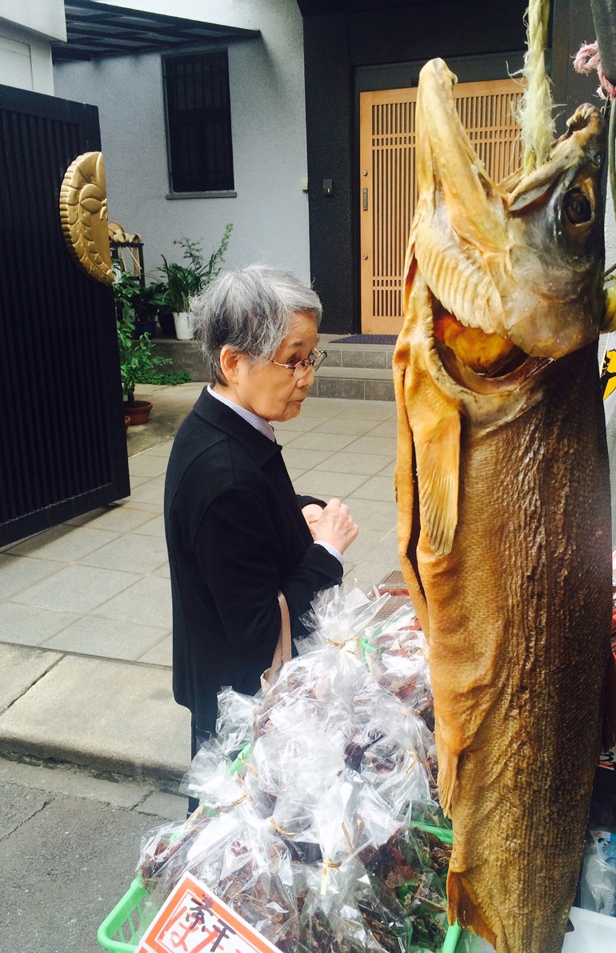 Elderly woman and fish, Tsukiji, Tokyo