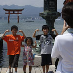 People visiting the famous torii, Miyajima